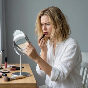 Woman touching up lipstick