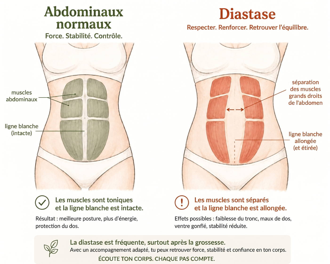 Infographie — abdominaux normaux vs diastase