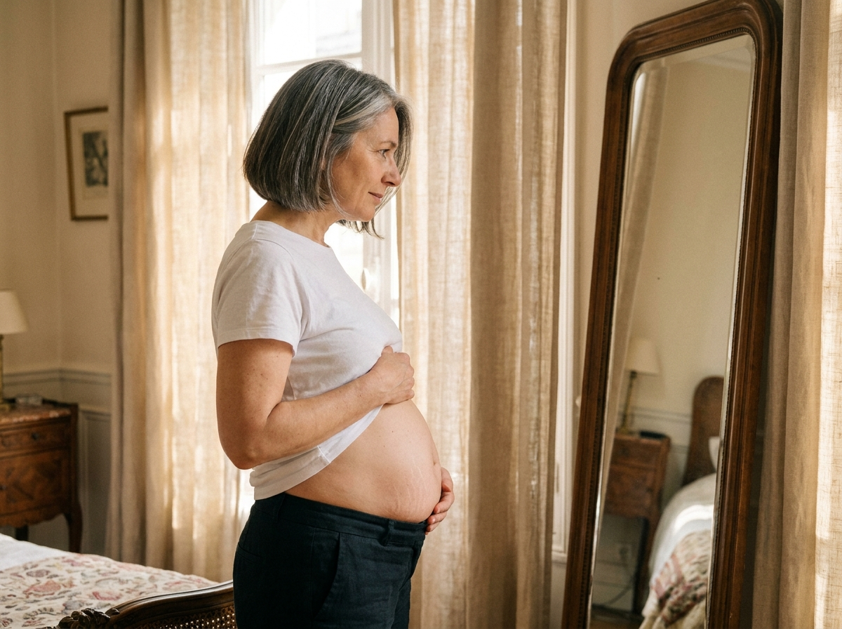 Femme de profil — ventre post-partum